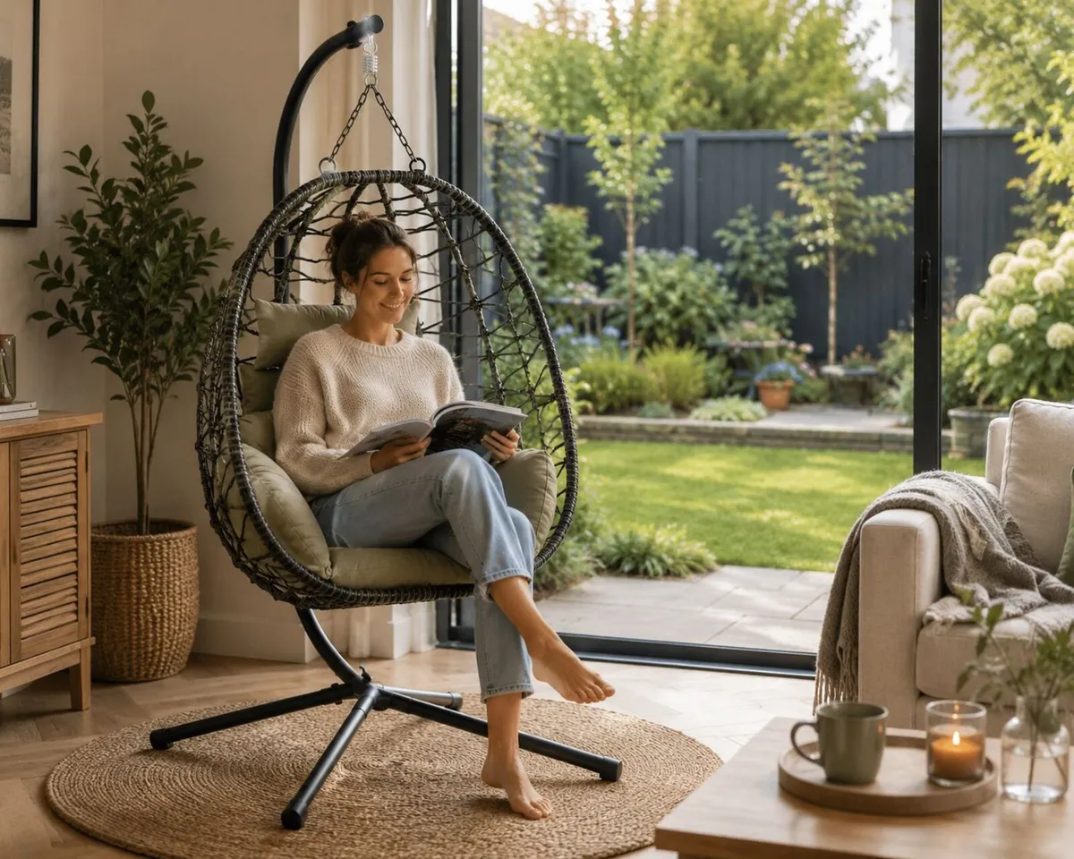 Hanging Egg Chair with Stand Foldable Poly Rattan - Image 1