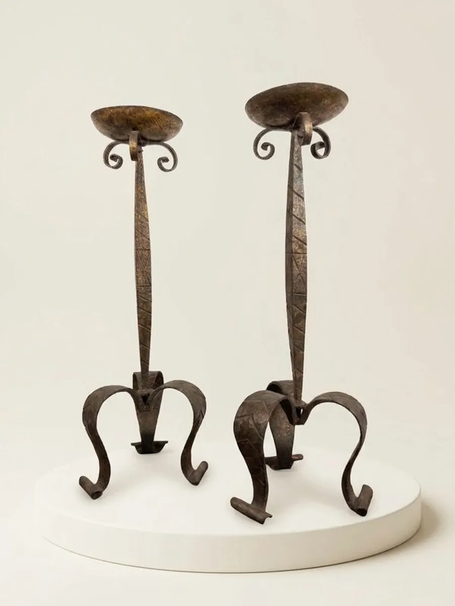 Rare Antique Brutalist Gothic Wrought Iron Candlesticks - Image 1
