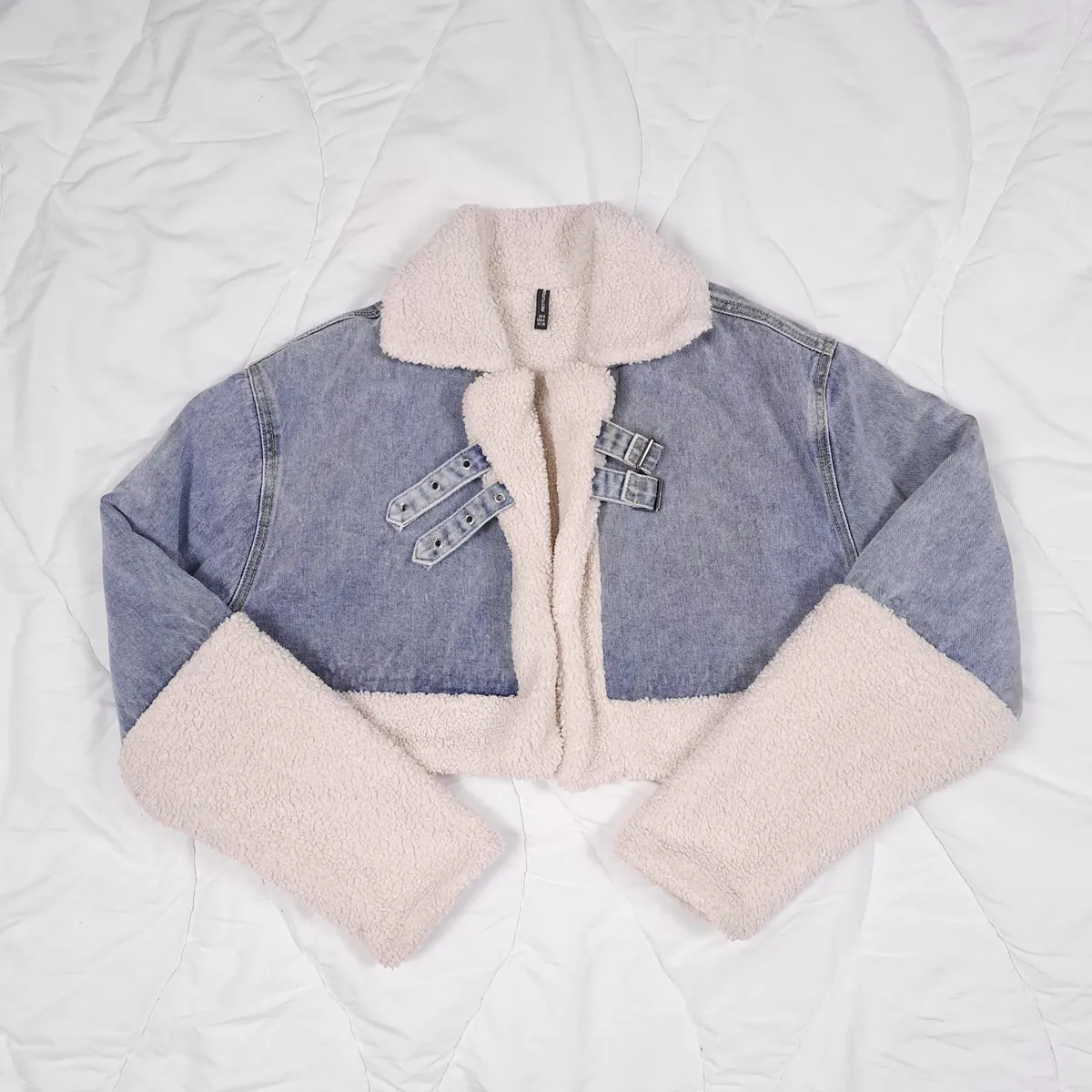 PLT Blue Denim Borg Aviator Cropped Jacket 8UK - Image 3