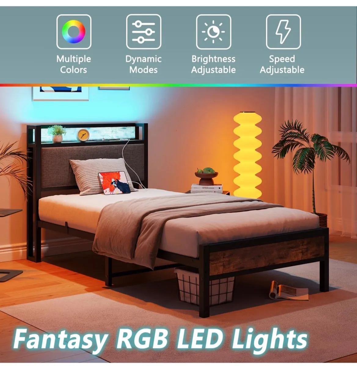 3ft Single Bed Frame with Storage Headboard,LED Li - Image 1