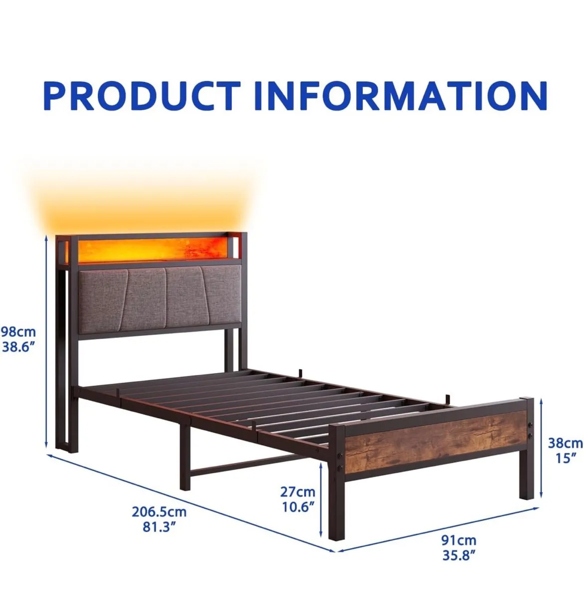 3ft Single Bed Frame with Storage Headboard,LED Li - Image 3