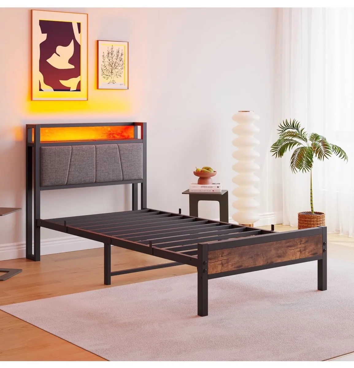 3ft Single Bed Frame with Storage Headboard,LED Li - Image 4