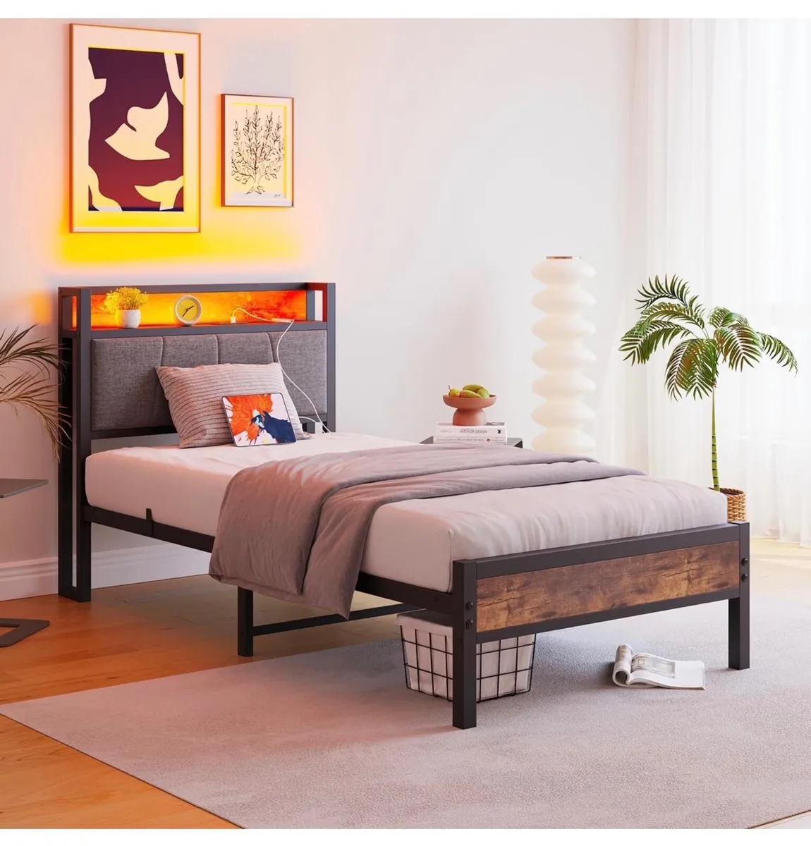 3ft Single Bed Frame with Storage Headboard,LED Li - Image 2