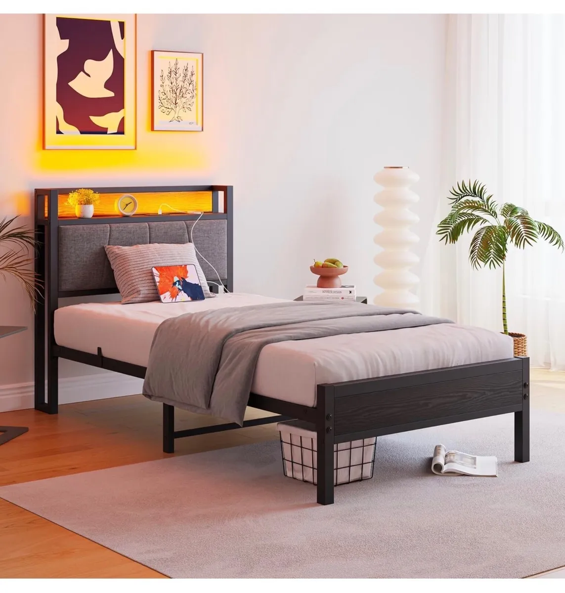3ft Single Bed Frame with Storage Headboard,LED Li - Image 4