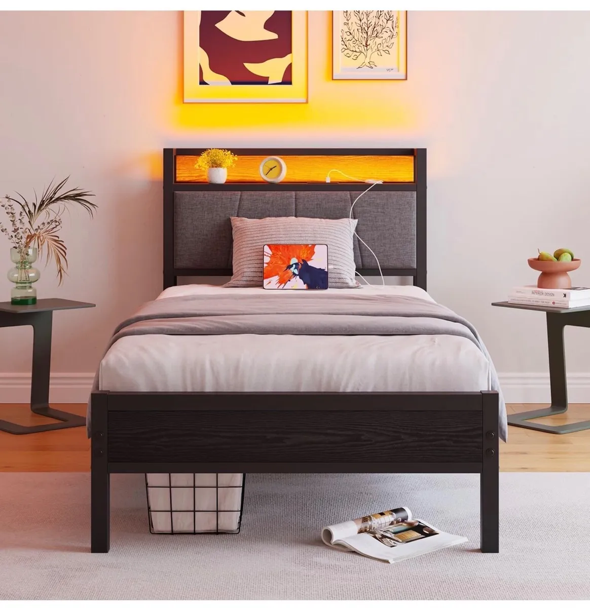 3ft Single Bed Frame with Storage Headboard,LED Li - Image 2
