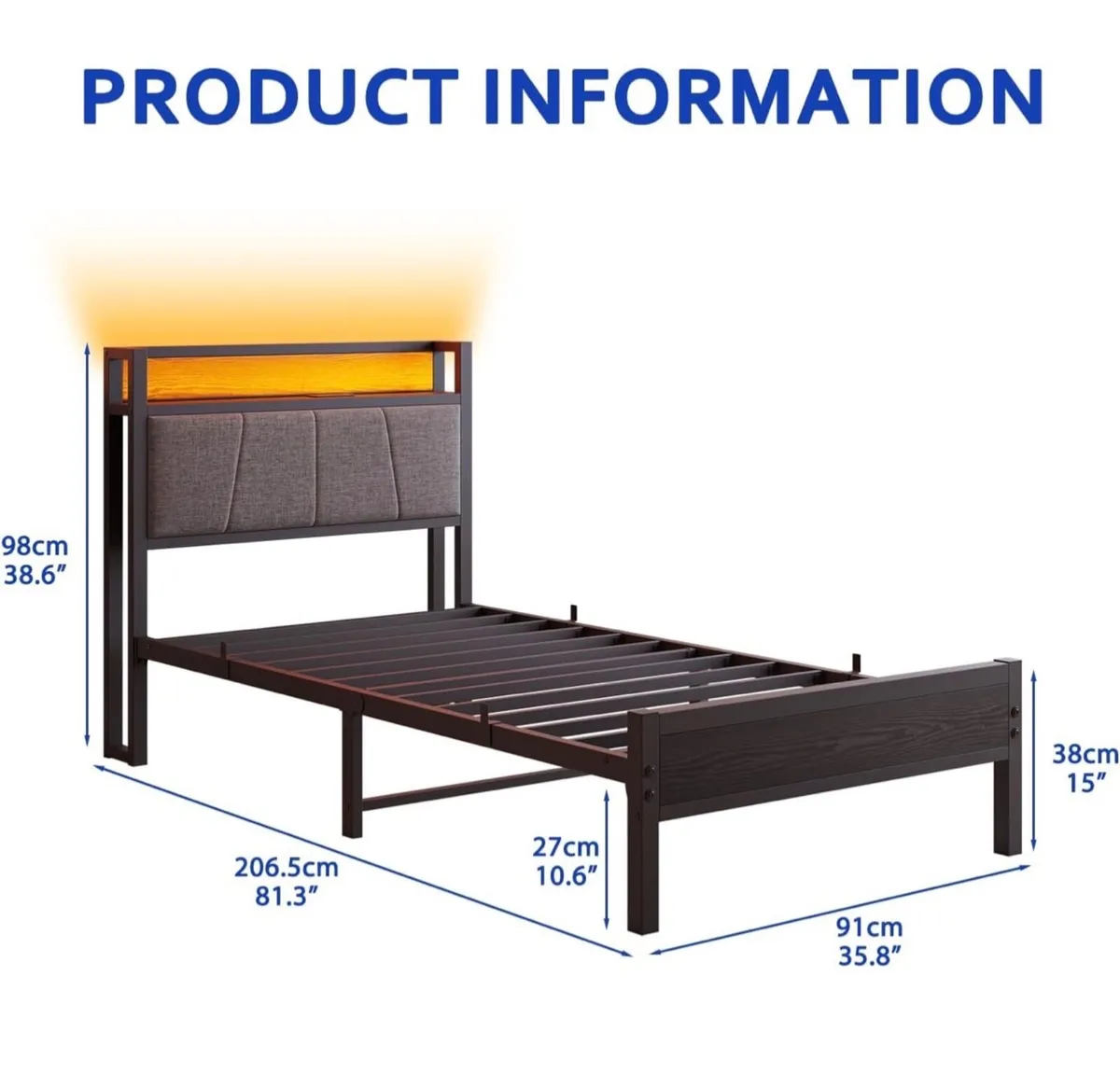 3ft Single Bed Frame with Storage Headboard,LED Li - Image 3