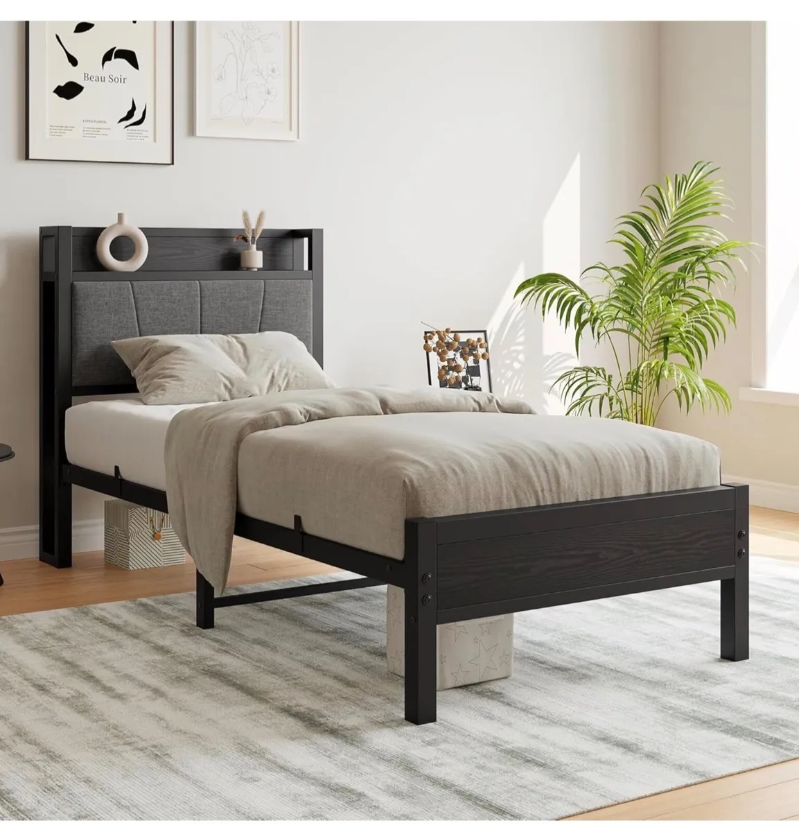 3ft Single Bed Frame with Storage Headboard,Heavy - Image 1