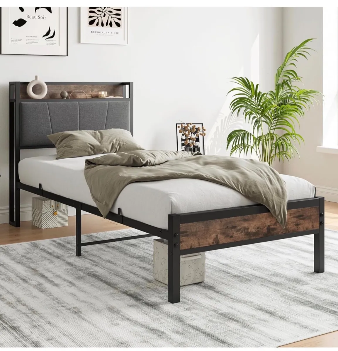 3ft Single Bed Frame with Storage Headboard,Heavy - Image 1