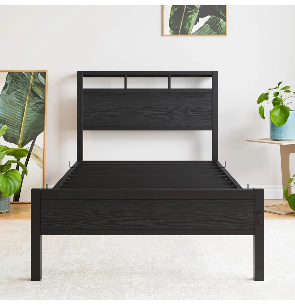 Single Bed Frame with Wooden Storage Headboard,Hea - Image 3