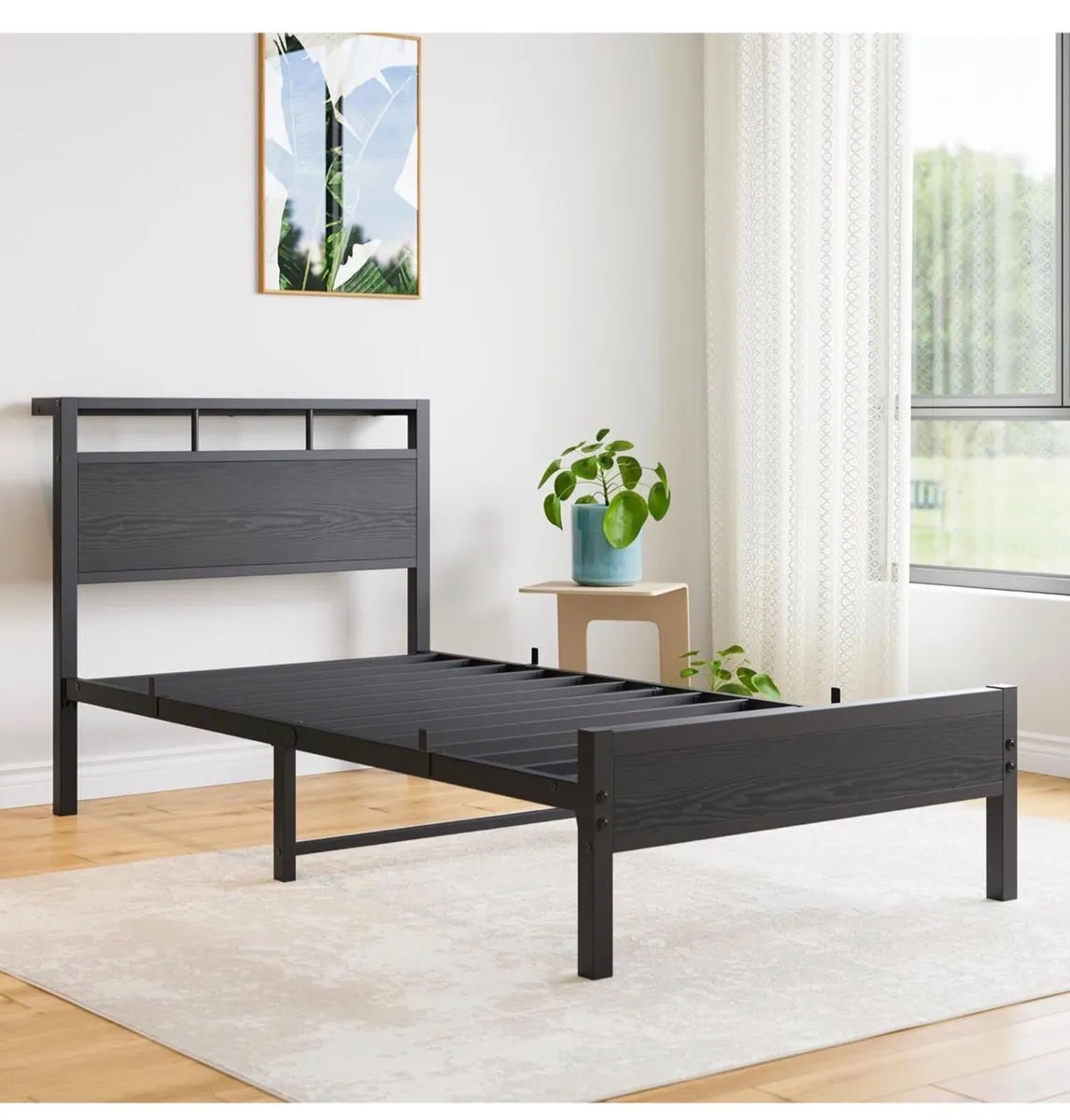 Single Bed Frame with Wooden Storage Headboard,Hea - Image 4