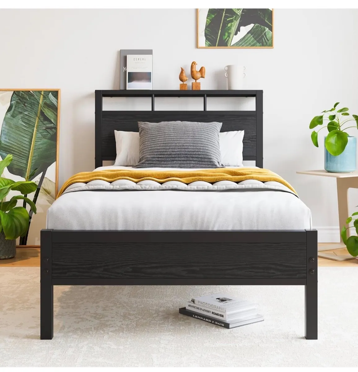Single Bed Frame with Wooden Storage Headboard,Hea - Image 1