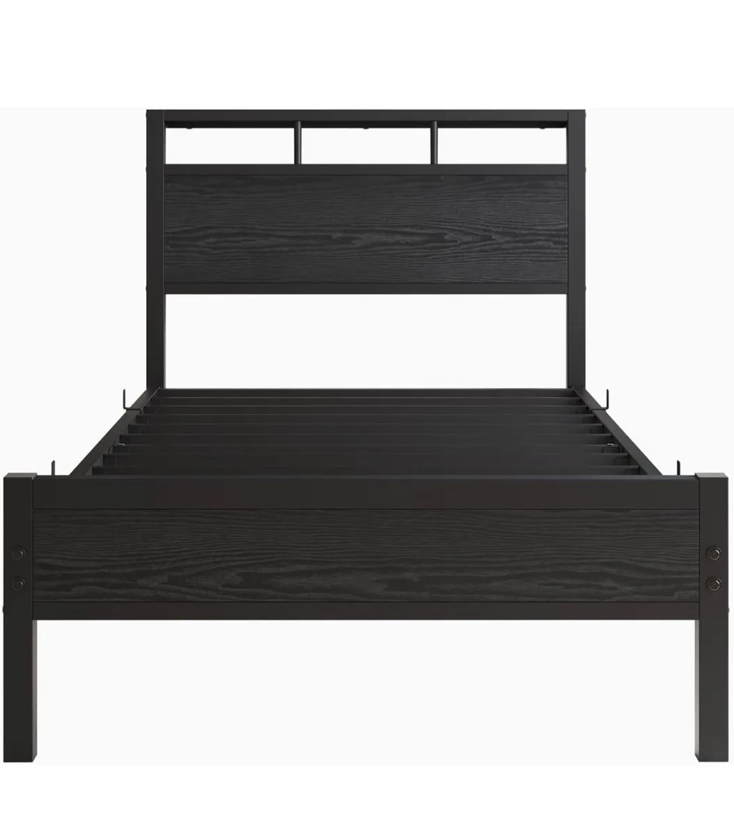 Single Bed Frame with Wooden Storage Headboard,Hea - Image 3