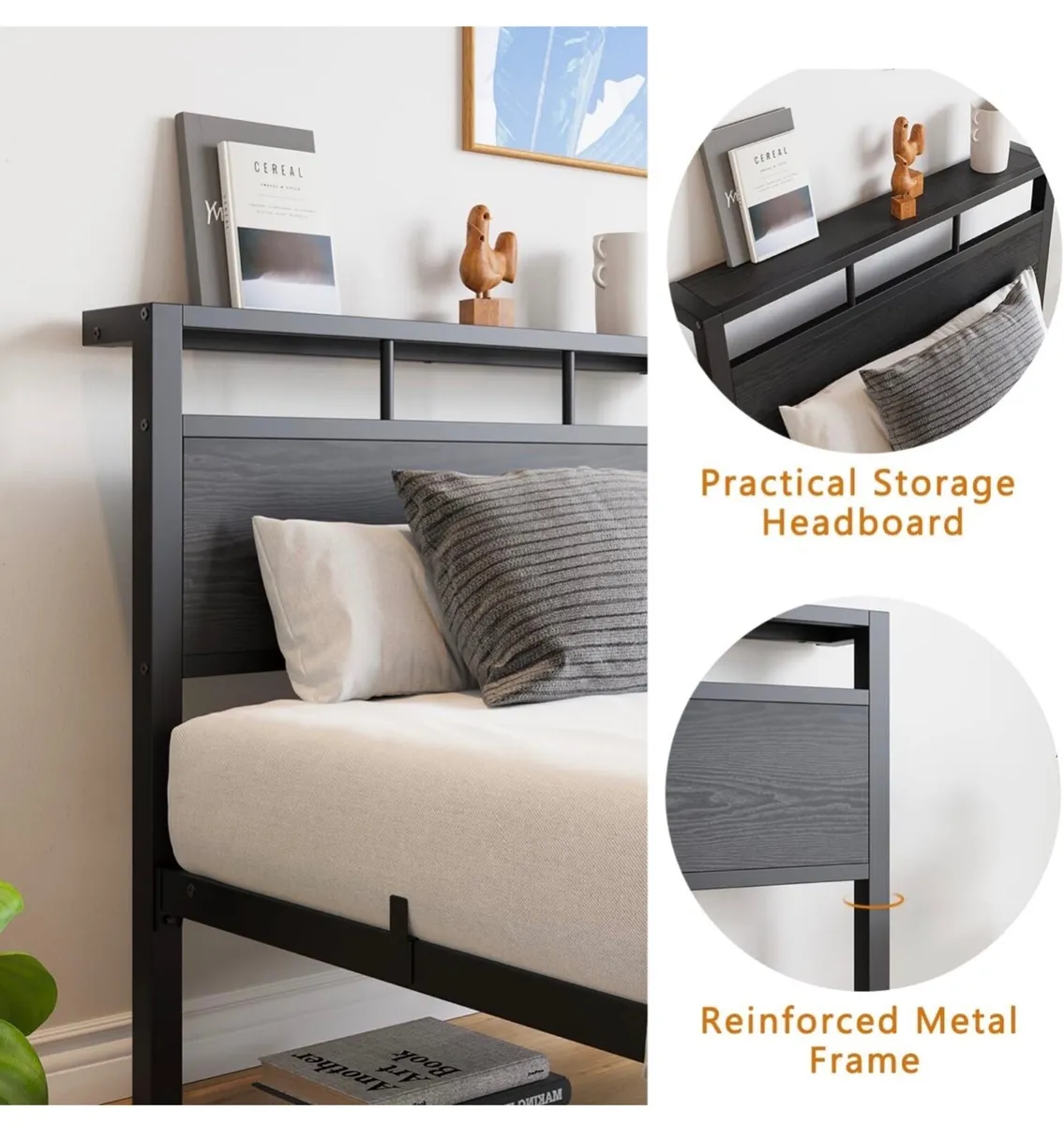Single Bed Frame with Wooden Storage Headboard,Hea - Image 4