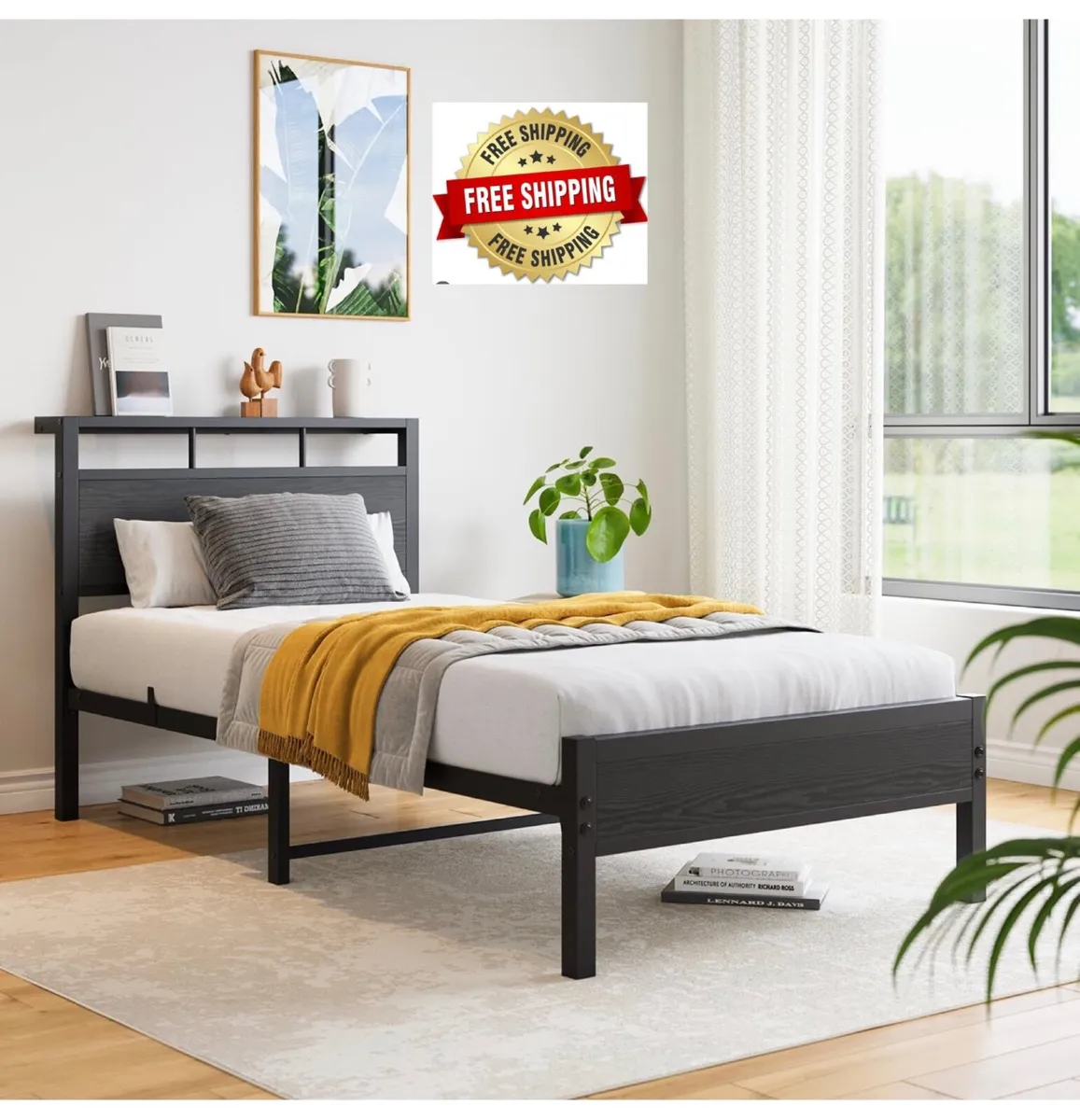 Single Bed Frame with Wooden Storage Headboard,Hea - Image 1