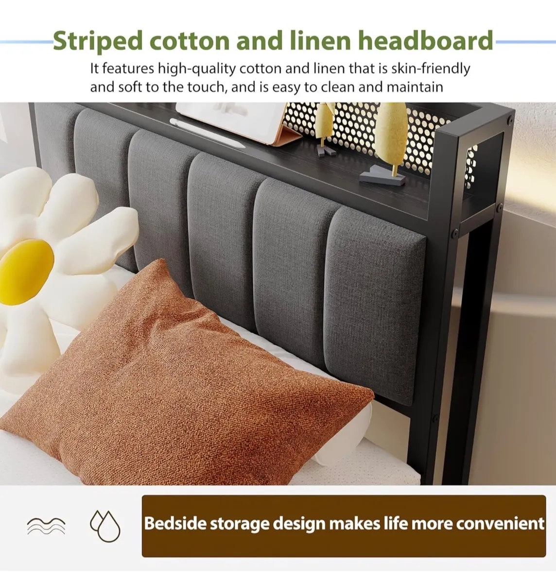 3ft Single Bed Frames with Storage Headboard,Heavy - Image 4