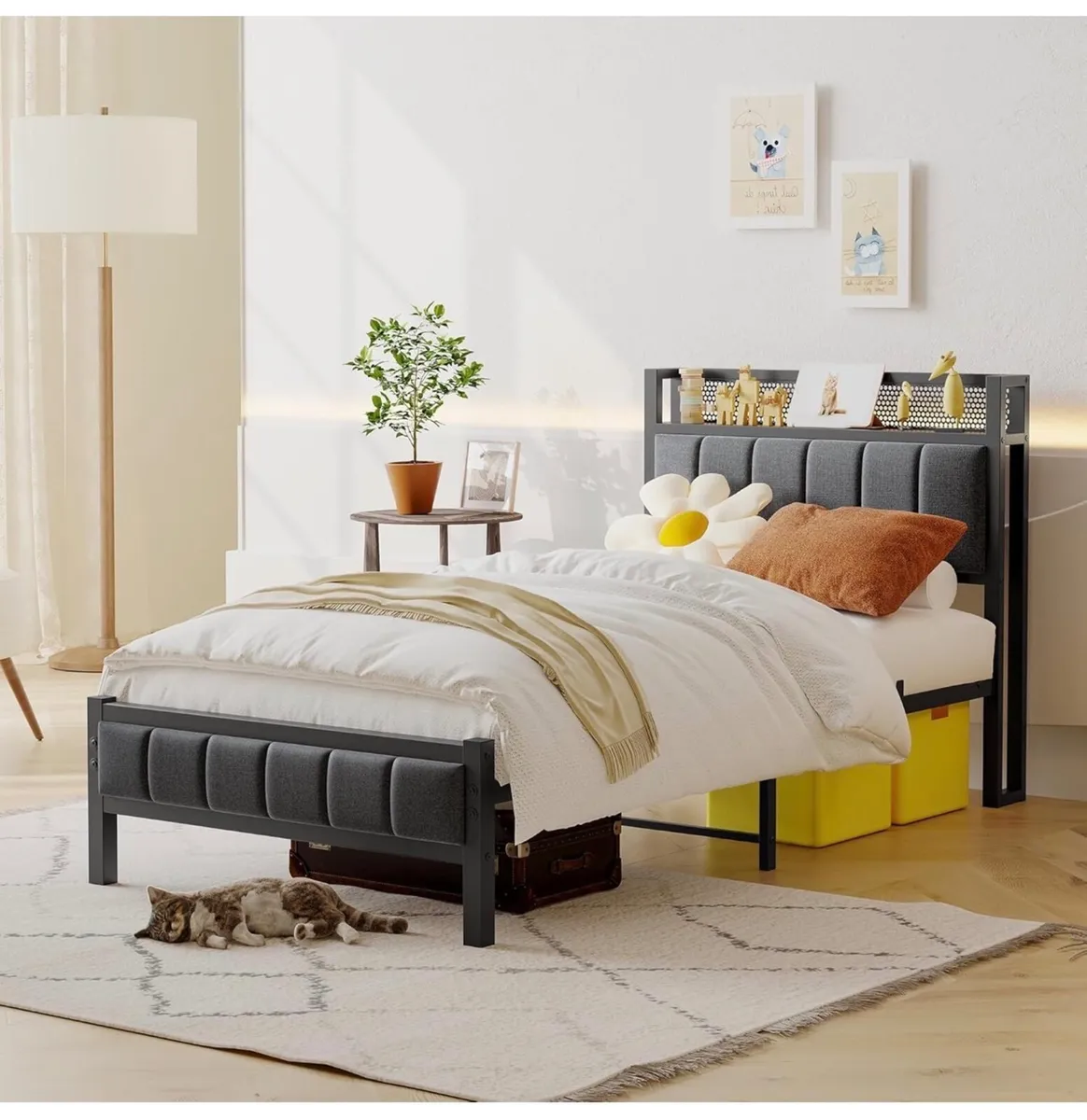 3ft Single Bed Frames with Storage Headboard,Heavy - Image 1