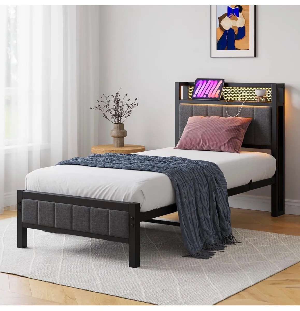 Single Bed Frames with Storage Headboard and Charg - Image 1