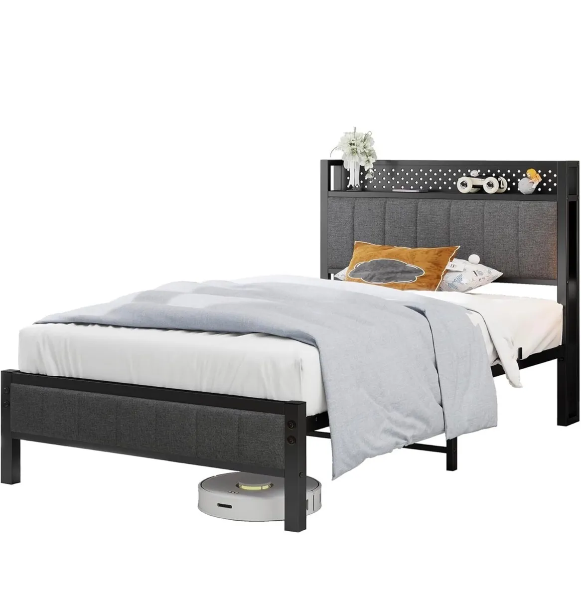 3ft Single Bed Frame with Storage Headboard Shelf, - Image 4