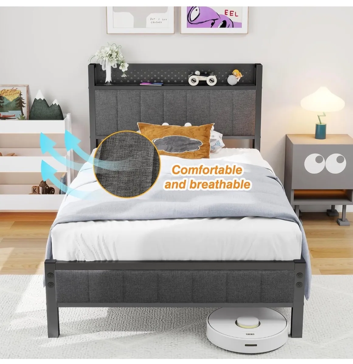 3ft Single Bed Frame with Storage Headboard Shelf, - Image 1