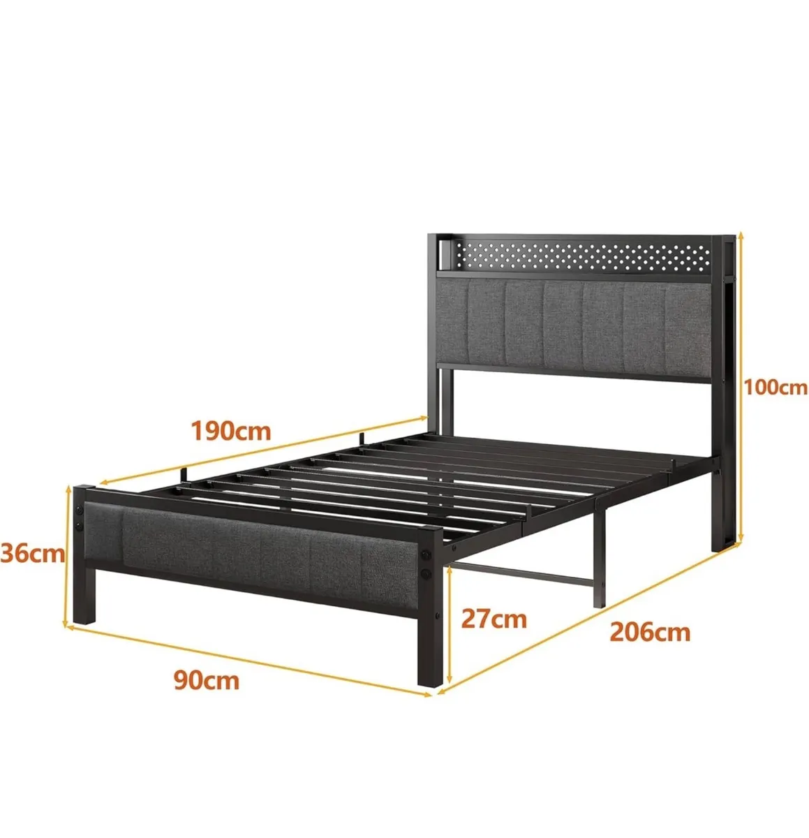 3ft Single Bed Frame with Storage Headboard Shelf, - Image 2