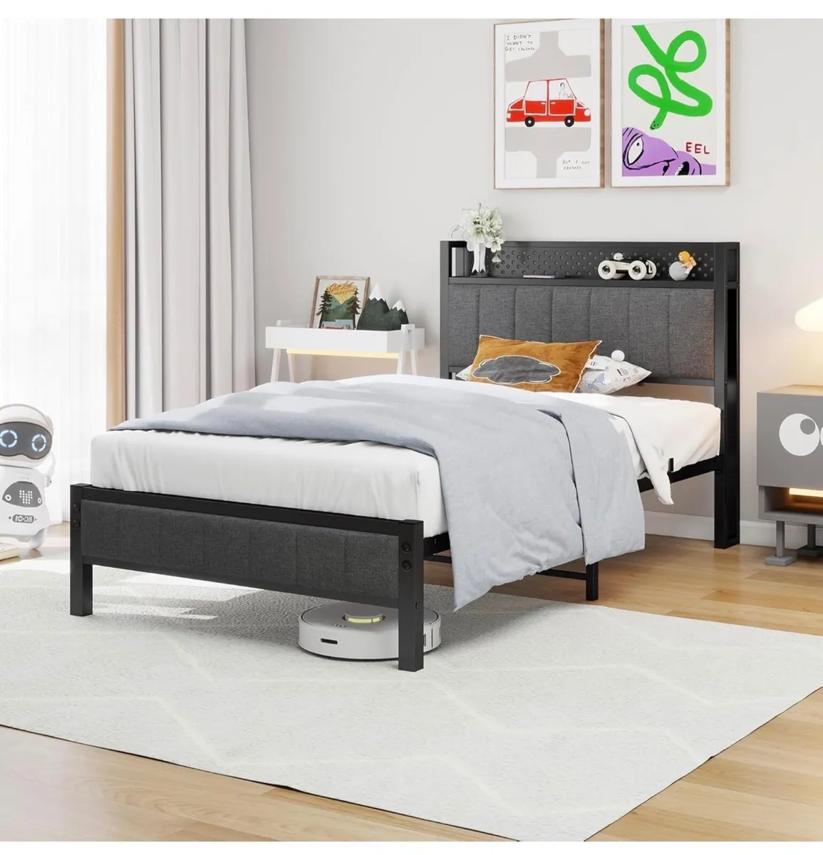 3ft Single Bed Frame with Storage Headboard Shelf, - Image 3