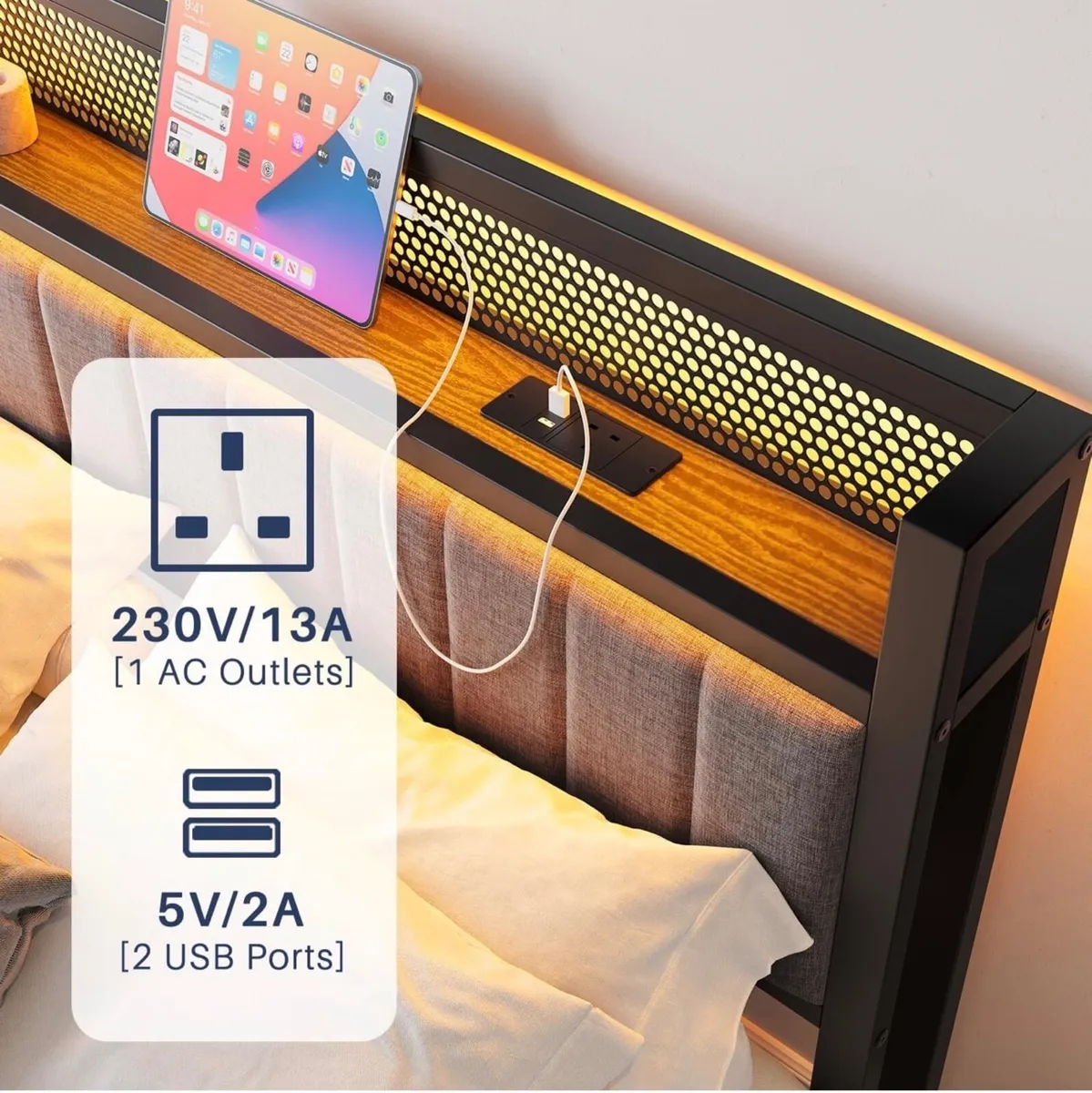 Single Bed Frame with Upholstered Headboard, Woode - Image 2
