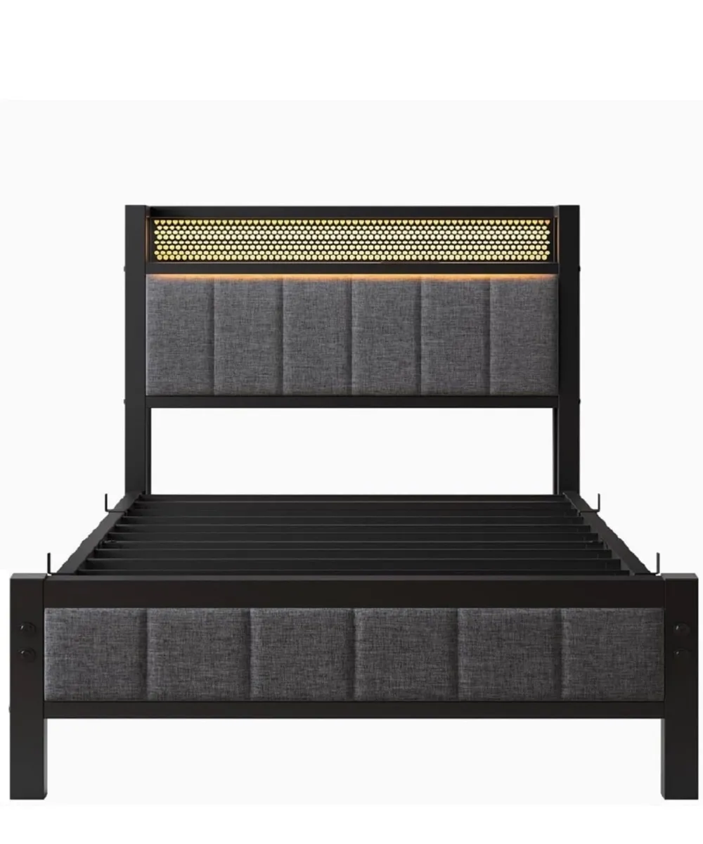 Single Bed Frame with Upholstered Headboard, Woode - Image 4