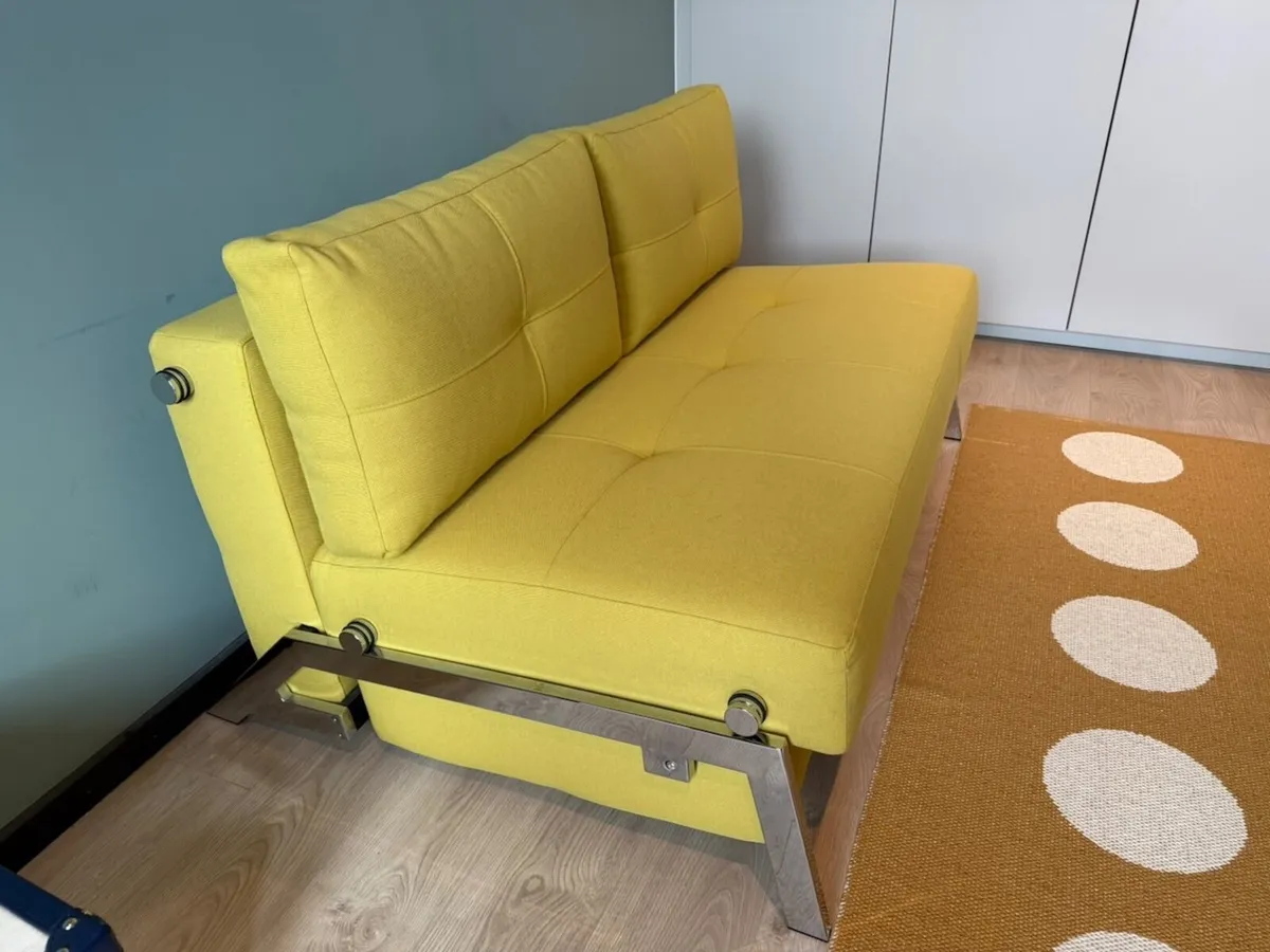 Sofa bed — mustard/yellow fabric, chrome legs - Image 2