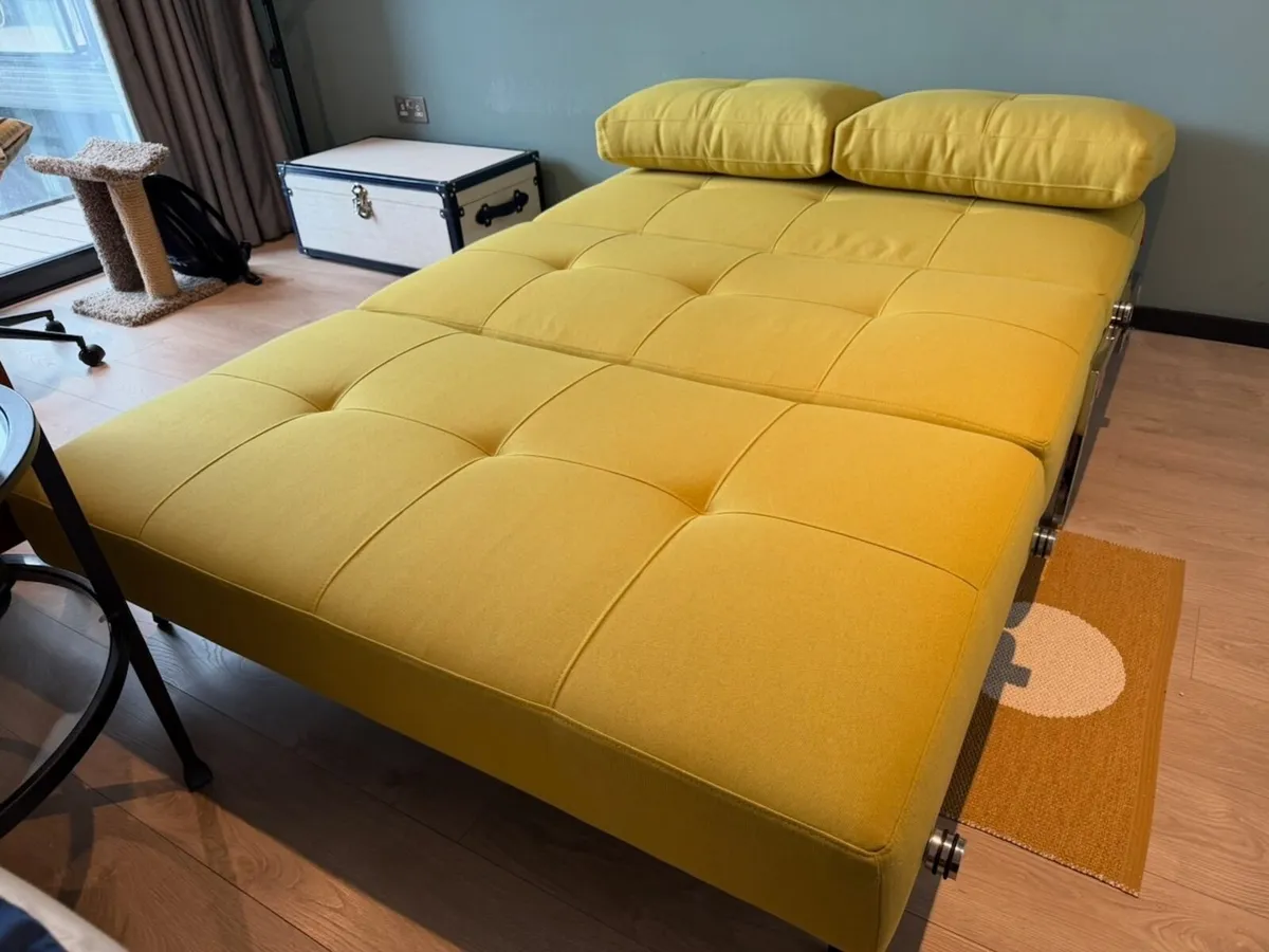 Sofa bed — mustard/yellow fabric, chrome legs - Image 3
