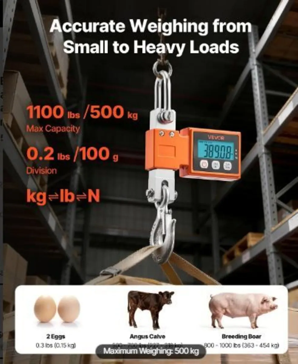 Digital Crane Scale, 1100 lbs/500 kg Max - Image 3