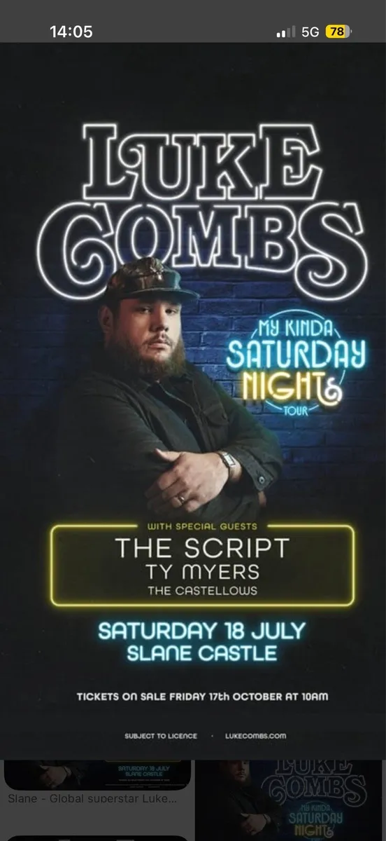 Luke Combs Concert Tickets x3 Sat 18/07