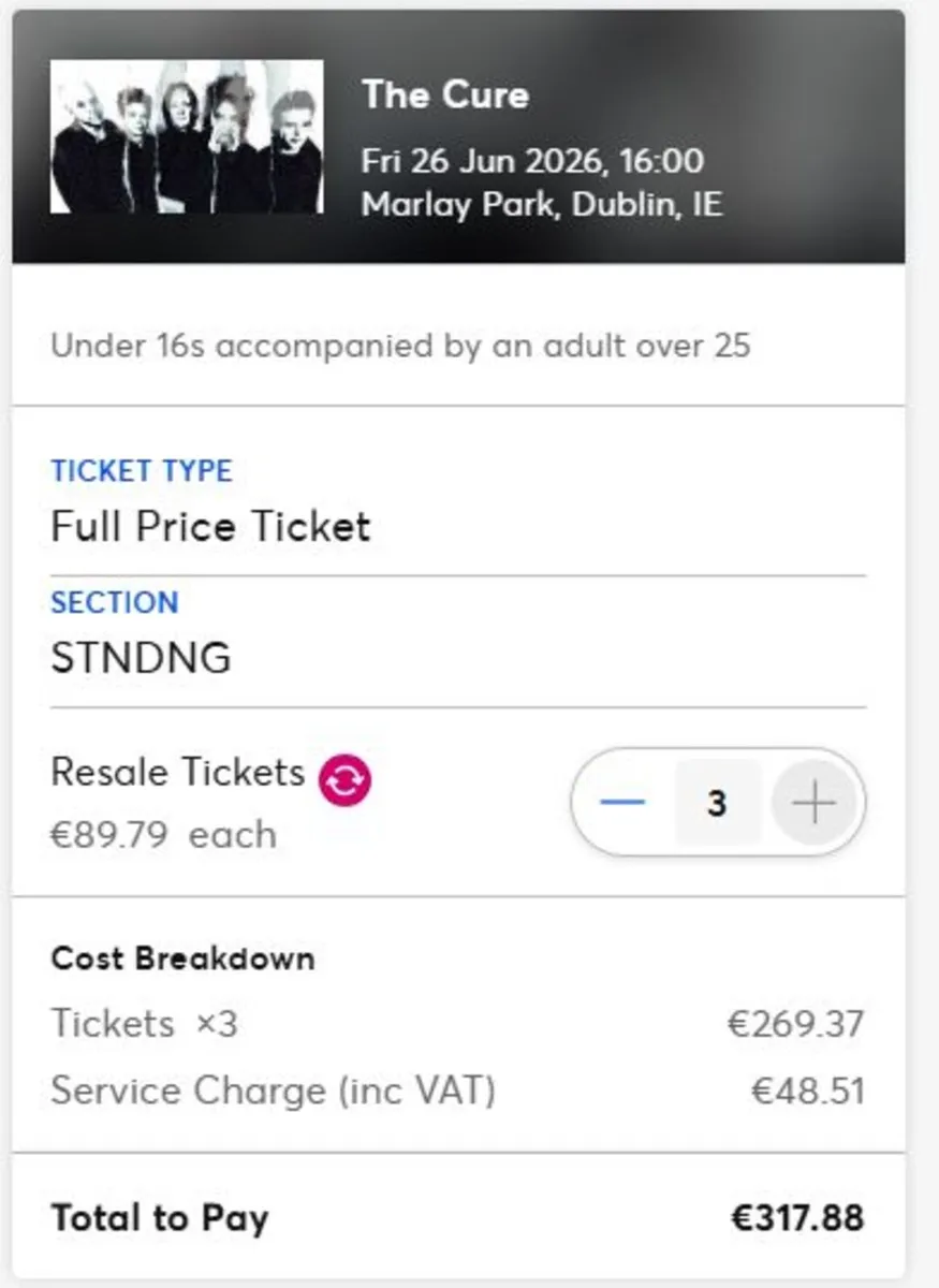 The Cure - Marley Park Dublin - 3 Concert Tickets