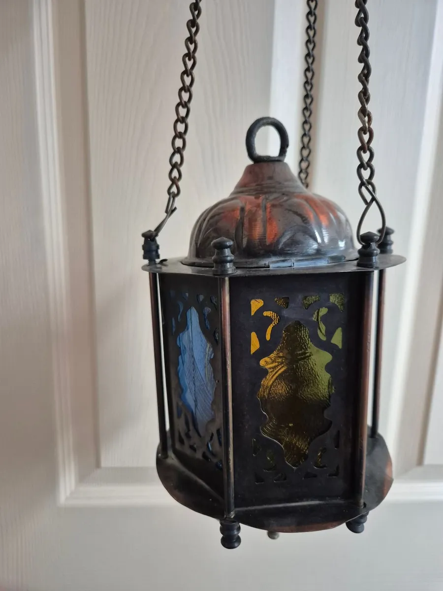 Egyptian brass Hanging Lamp with stained glass - Image 1