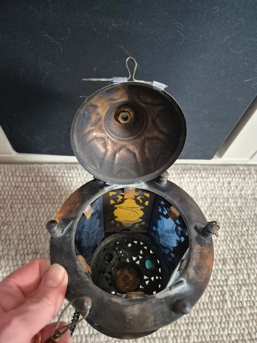 Egyptian brass Hanging Lamp with stained glass - Image 3