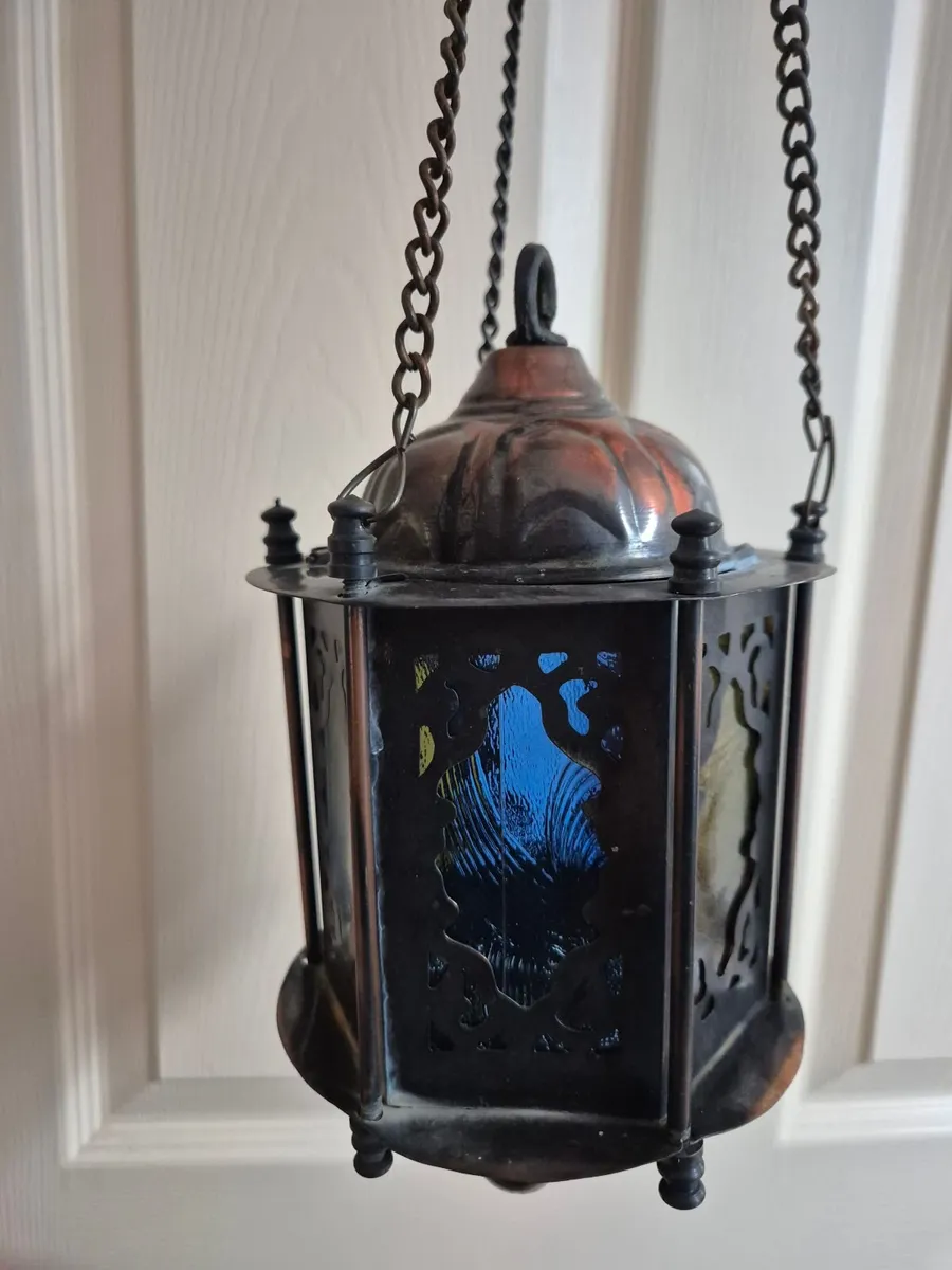 Egyptian brass Hanging Lamp with stained glass - Image 4