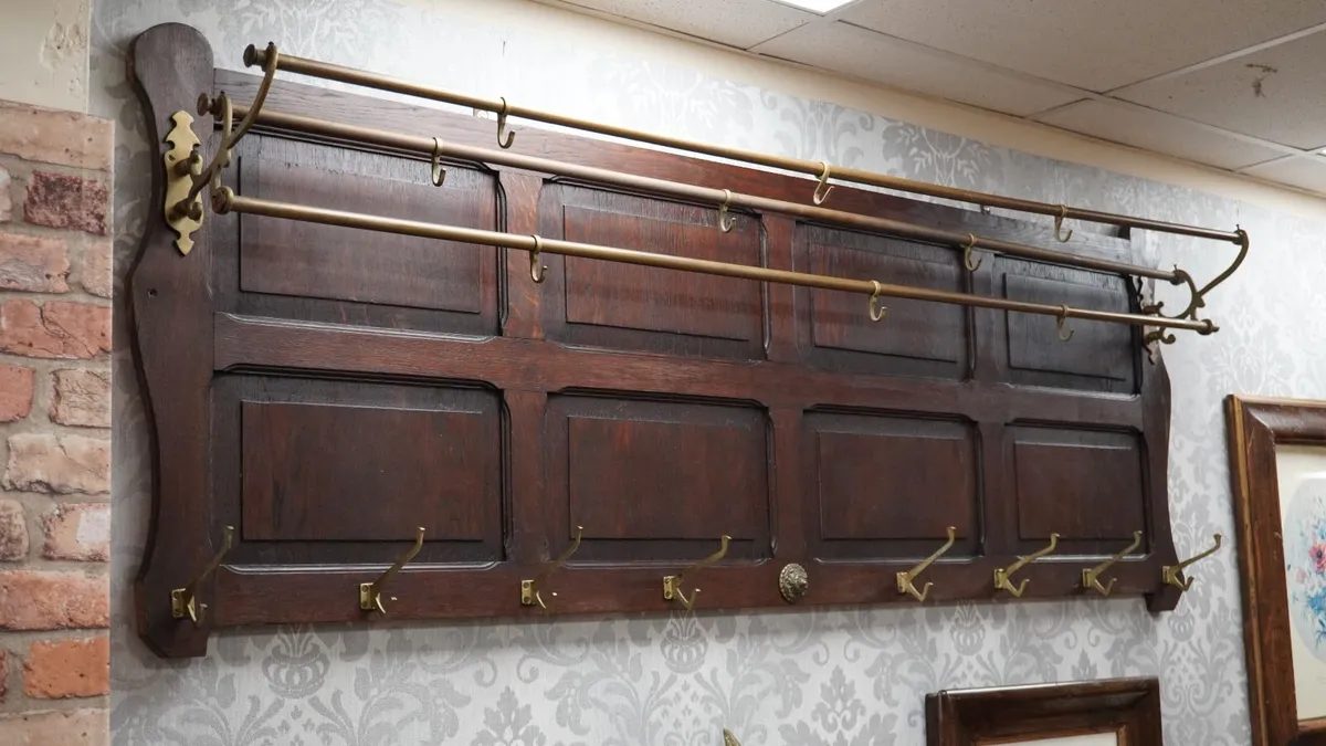 Large Arts & Crafts Oak  Wall Coat Rack c.1900 - Image 2