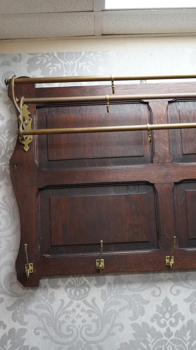 Large Arts & Crafts Oak  Wall Coat Rack c.1900 - Image 3