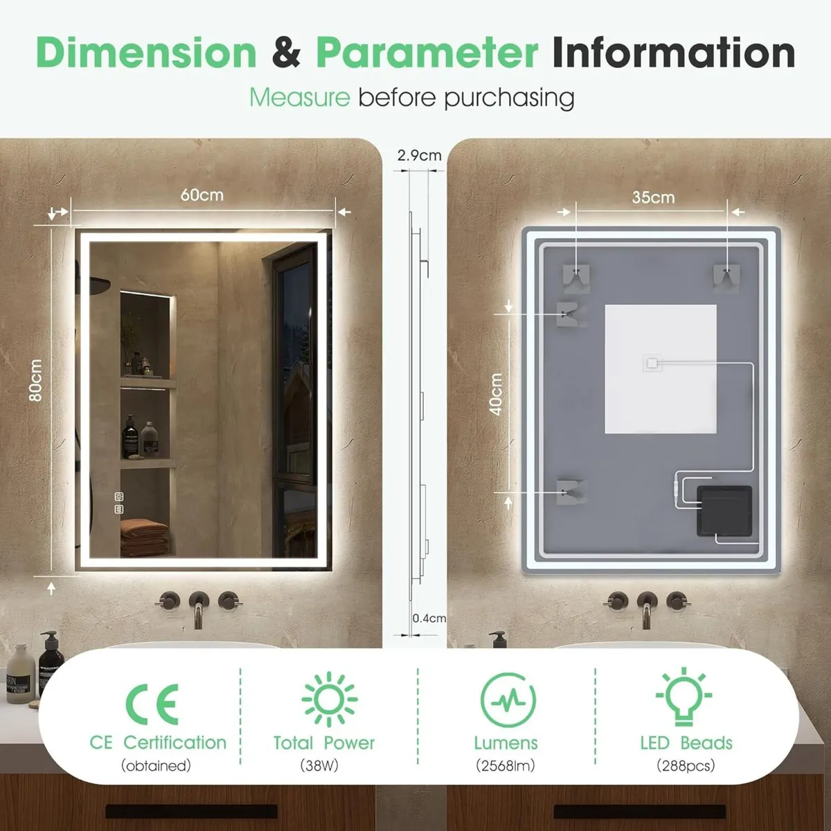 LED Bathroom Mirror with Lighting 800 x 600mm Anti - Image 3