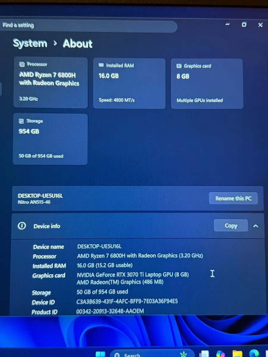 Acer an515 RTX 3070TI Rysen 6800H 16gb ram 1tb Ssd - Image 2