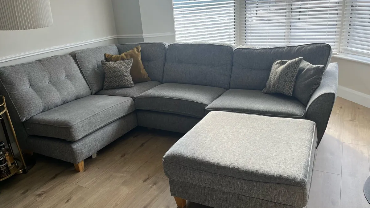 L shape couch with pouffe and matching cushions - Image 1