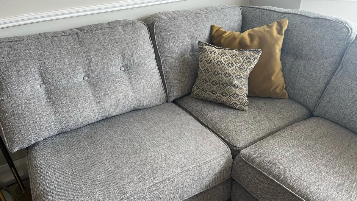 L shape couch with pouffe and matching cushions - Image 2