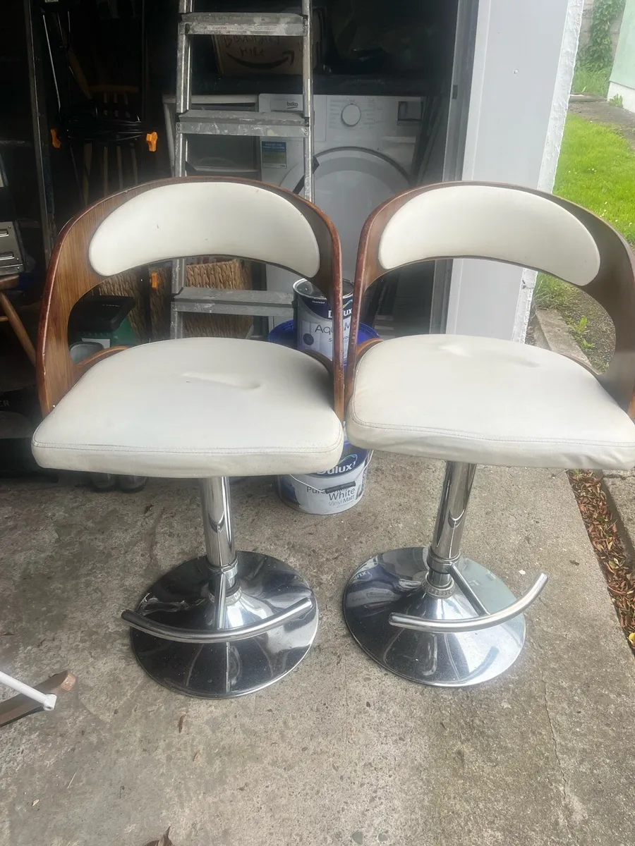2 wooden and cream kitchen stools - Image 1