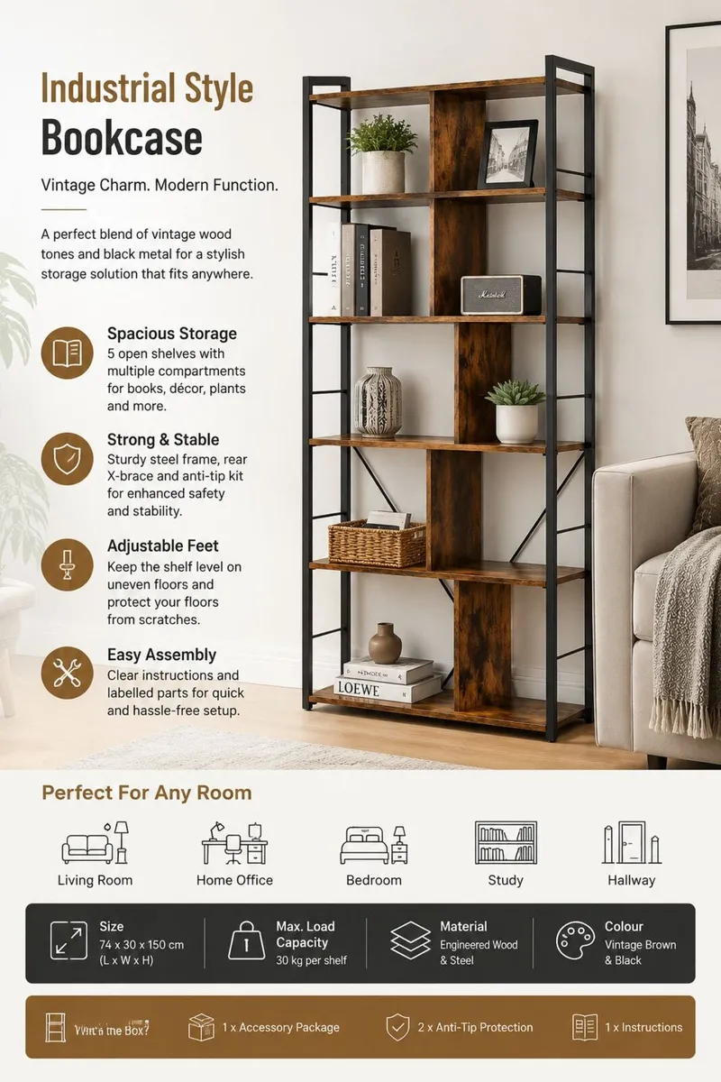 Industrial Bookshelf with 5 Shelves - Image 2