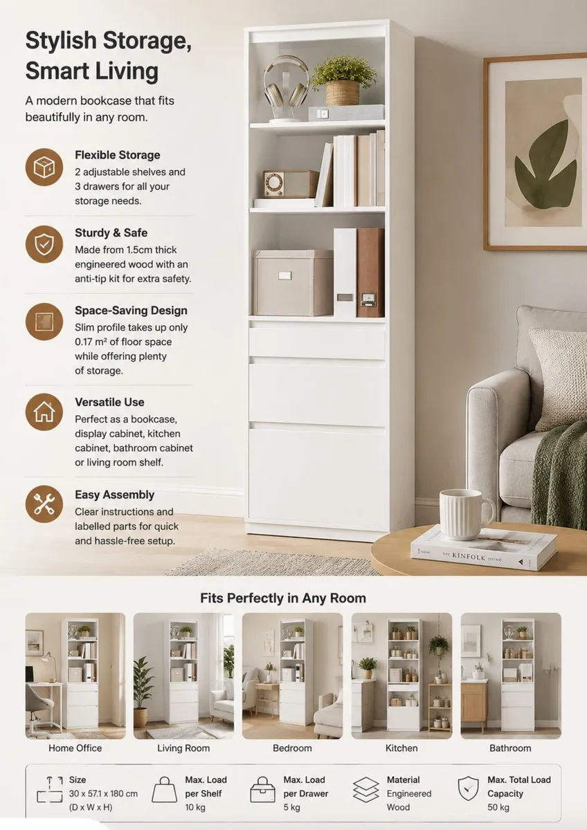 White Bookcase with Drawers Tall Storage Cabinet - Image 2