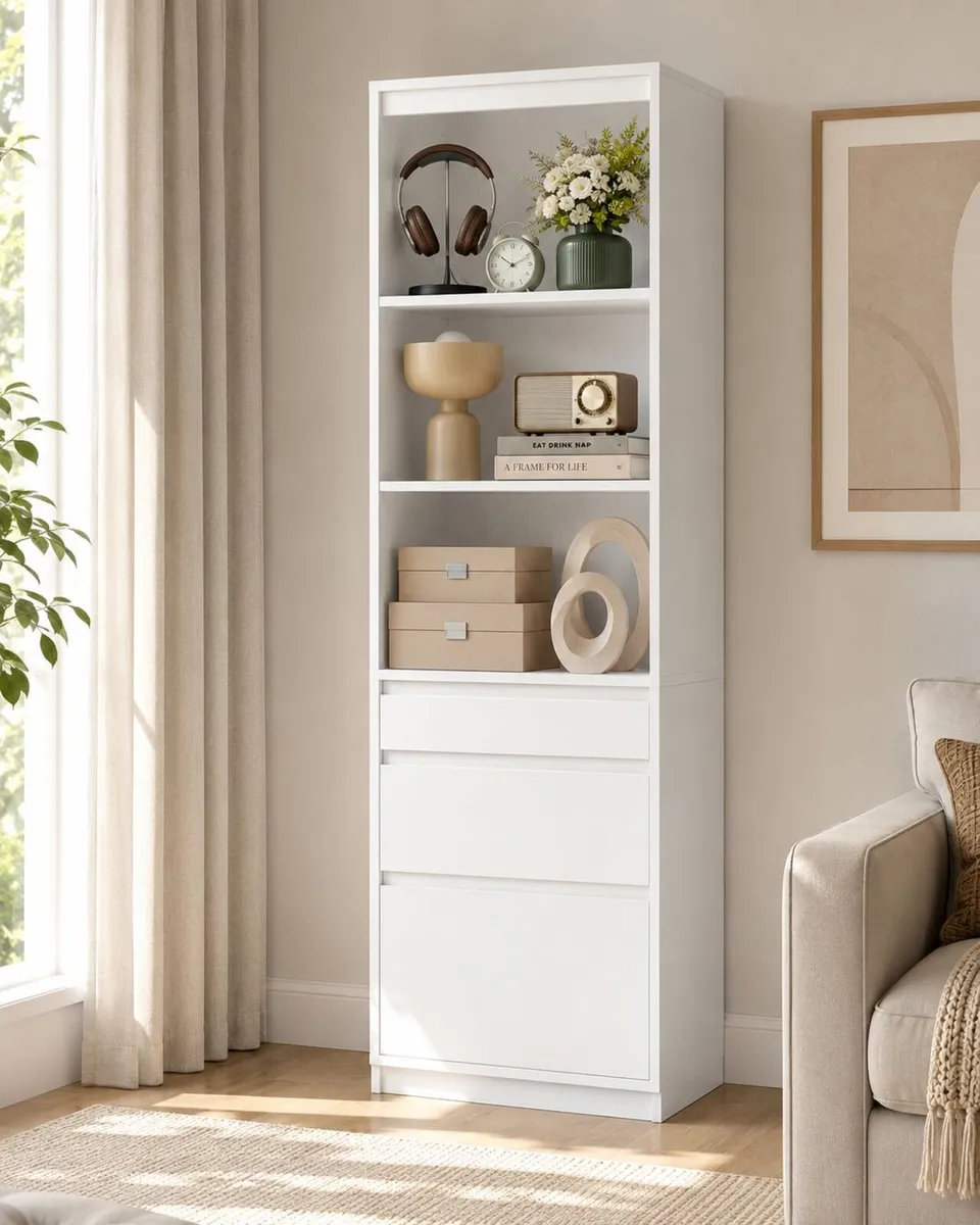 White Bookcase with Drawers Tall Storage Cabinet - Image 1