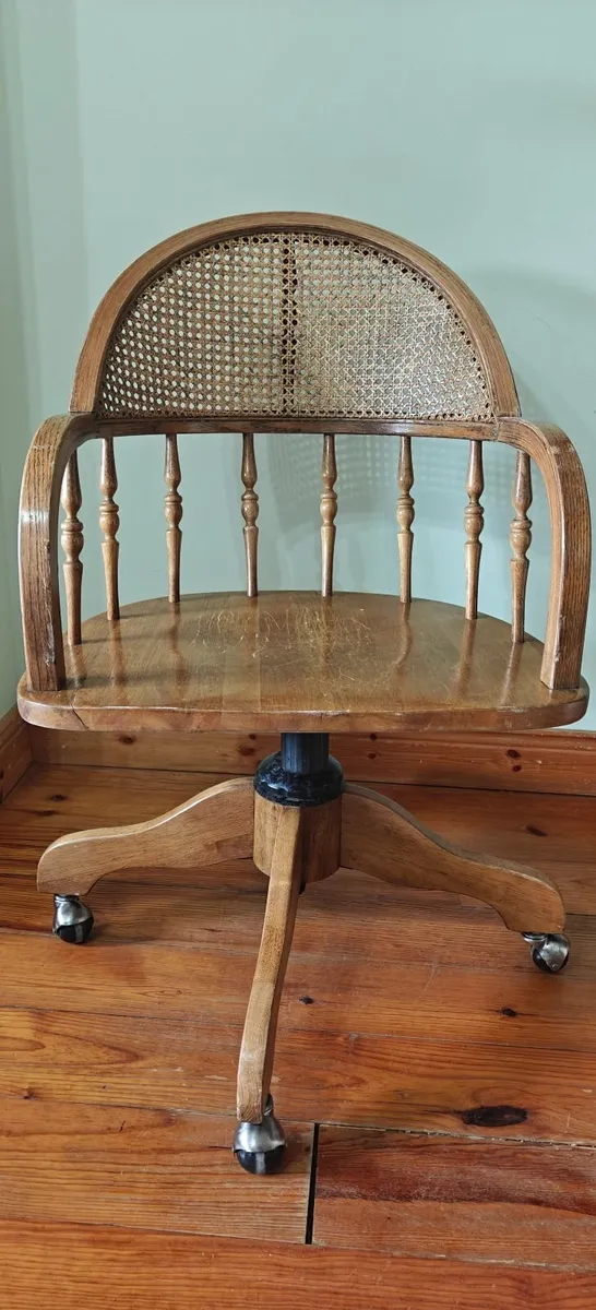 Solid Oak Swivel Desk Chair With Cane Back - Image 1