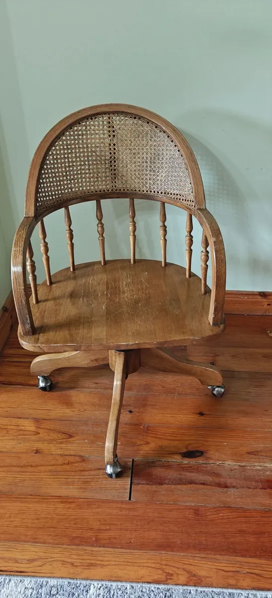 Solid Oak Swivel Desk Chair With Cane Back - Image 4