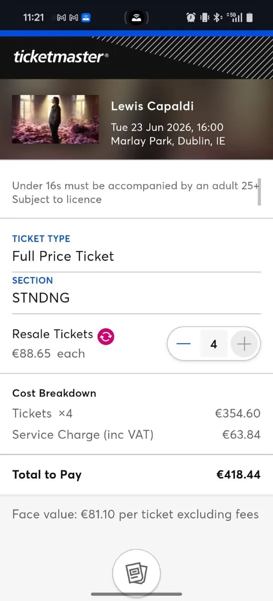 4x Standing Lewis Capaldi Tickets (June 23rd)