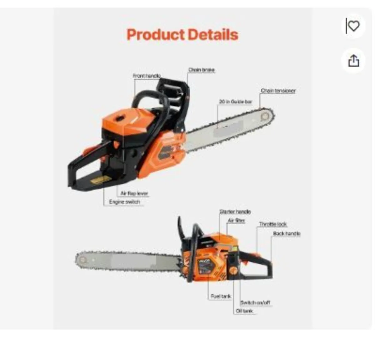 62 cc Gas Chainsaw, 20 inch Gas Powered - Image 2