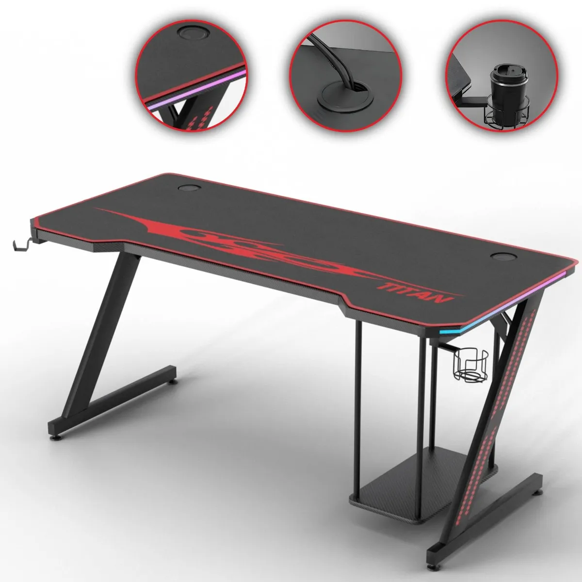 Gaming Desk with LED Lighting, PC Holder & Accesso - Image 2
